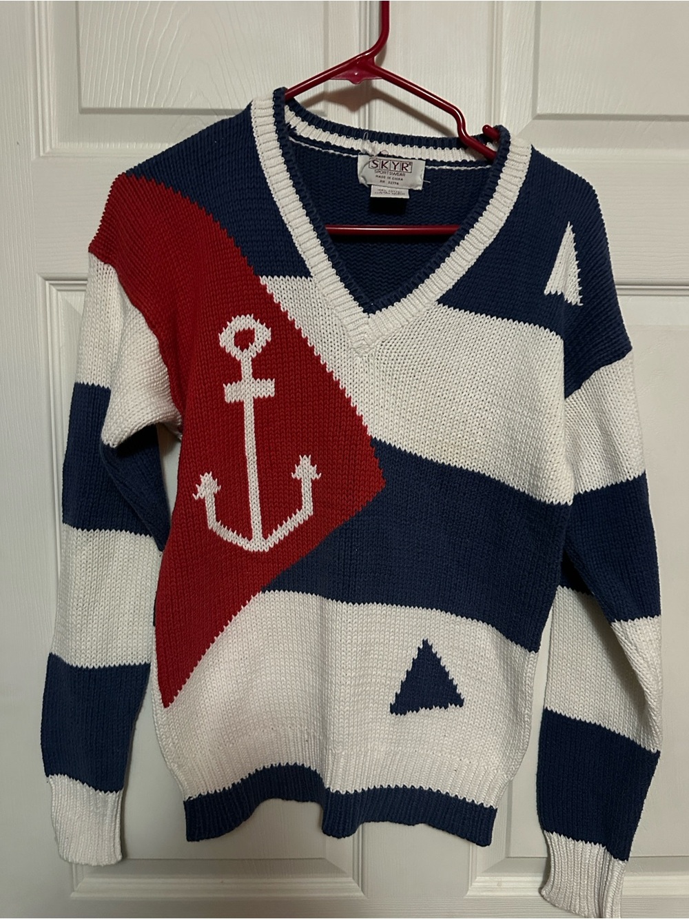 Skyr Women's V-Neck Sweater – Red, Navy & White Nautical Knit
